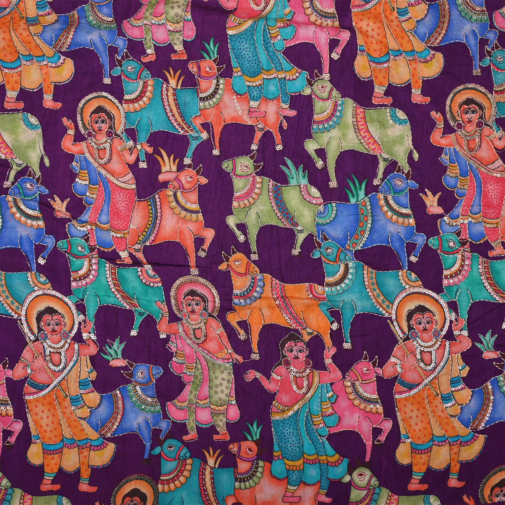 Imperial Purple Printed Pichwai Rawsilk Fabric With Embroidery