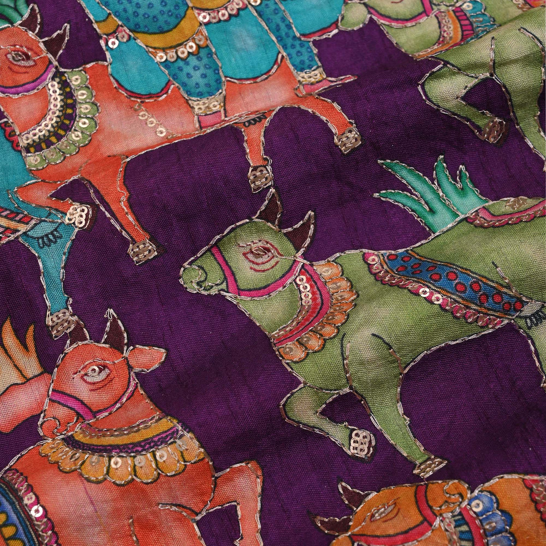 Imperial Purple Printed Pichwai Rawsilk Fabric With Embroidery