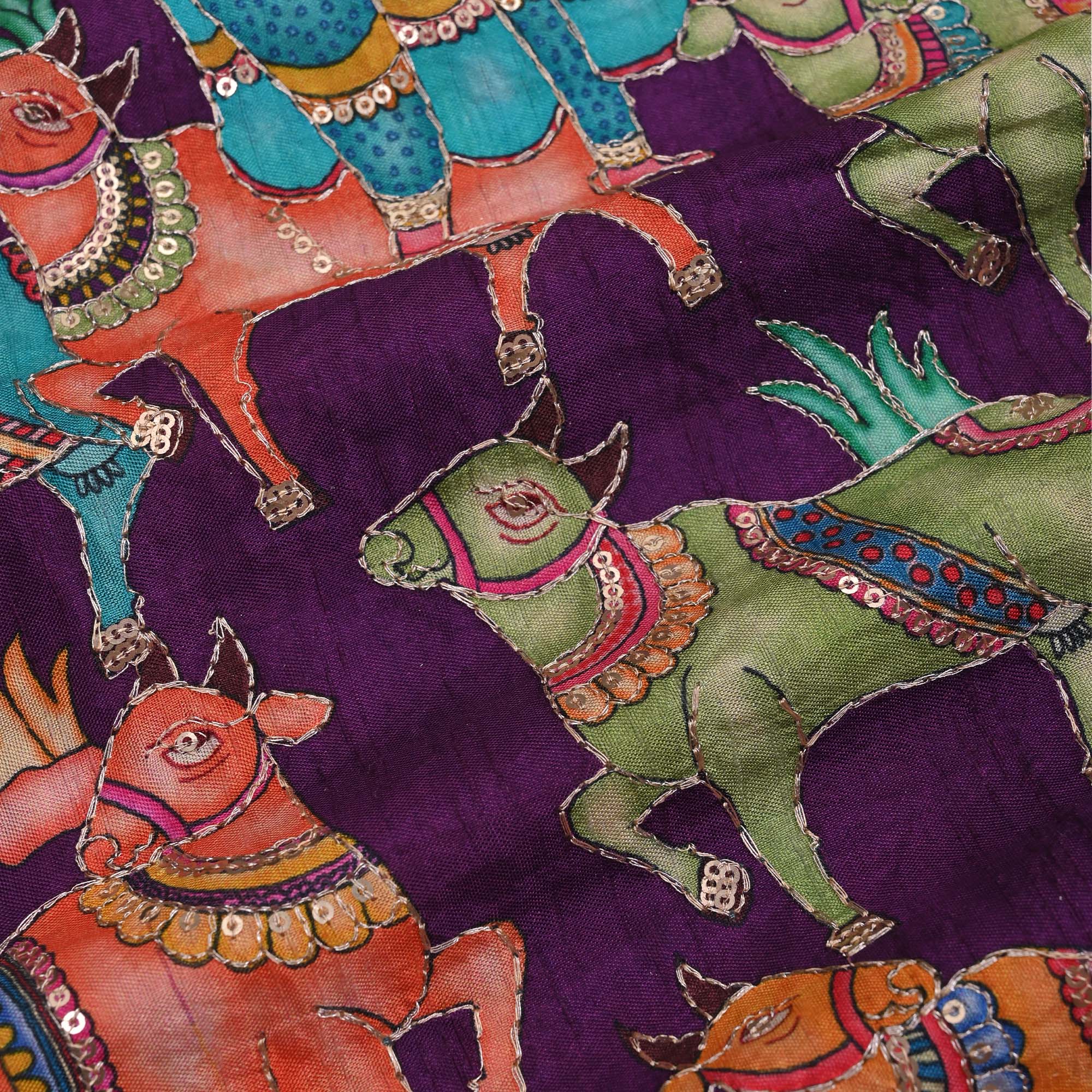 Imperial Purple Printed Pichwai Raw Silk Fabric With Embroidery