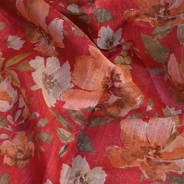 Jasper Red Floral Printed Tissue Fabric