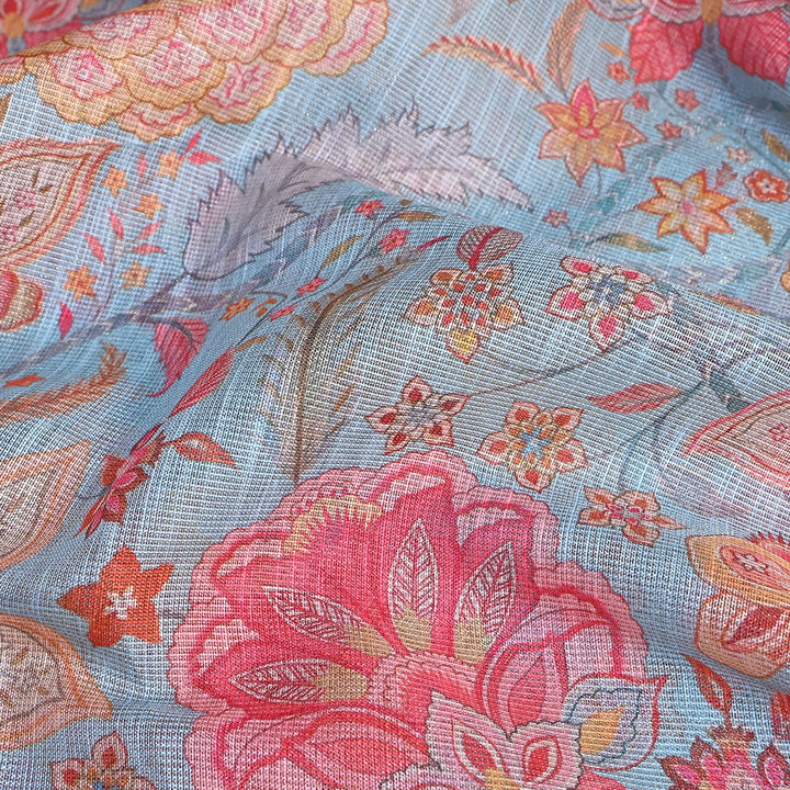 Pastel Blue Floral Printed Tissue Fabric