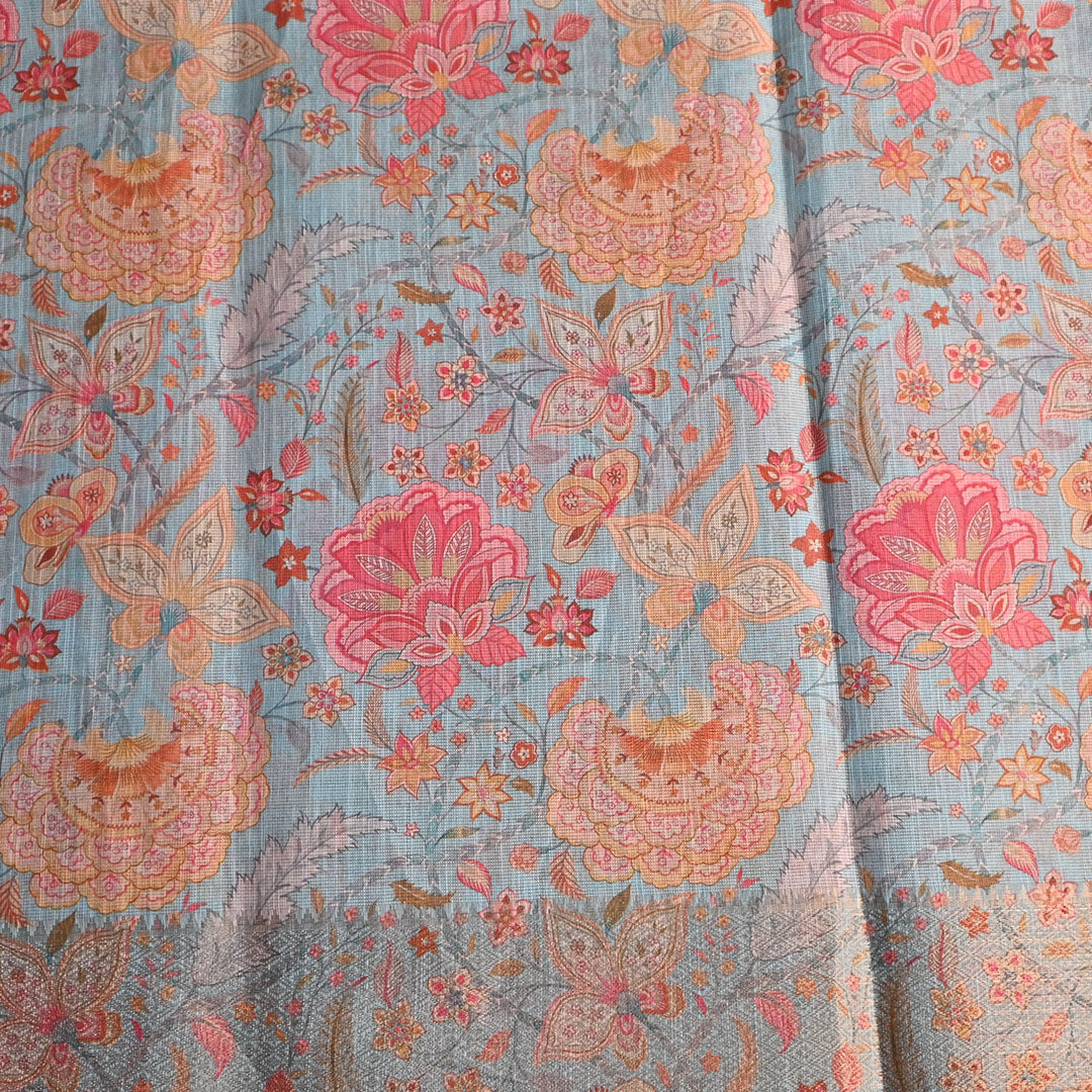 Pastel Blue Floral Printed Tissue Fabric