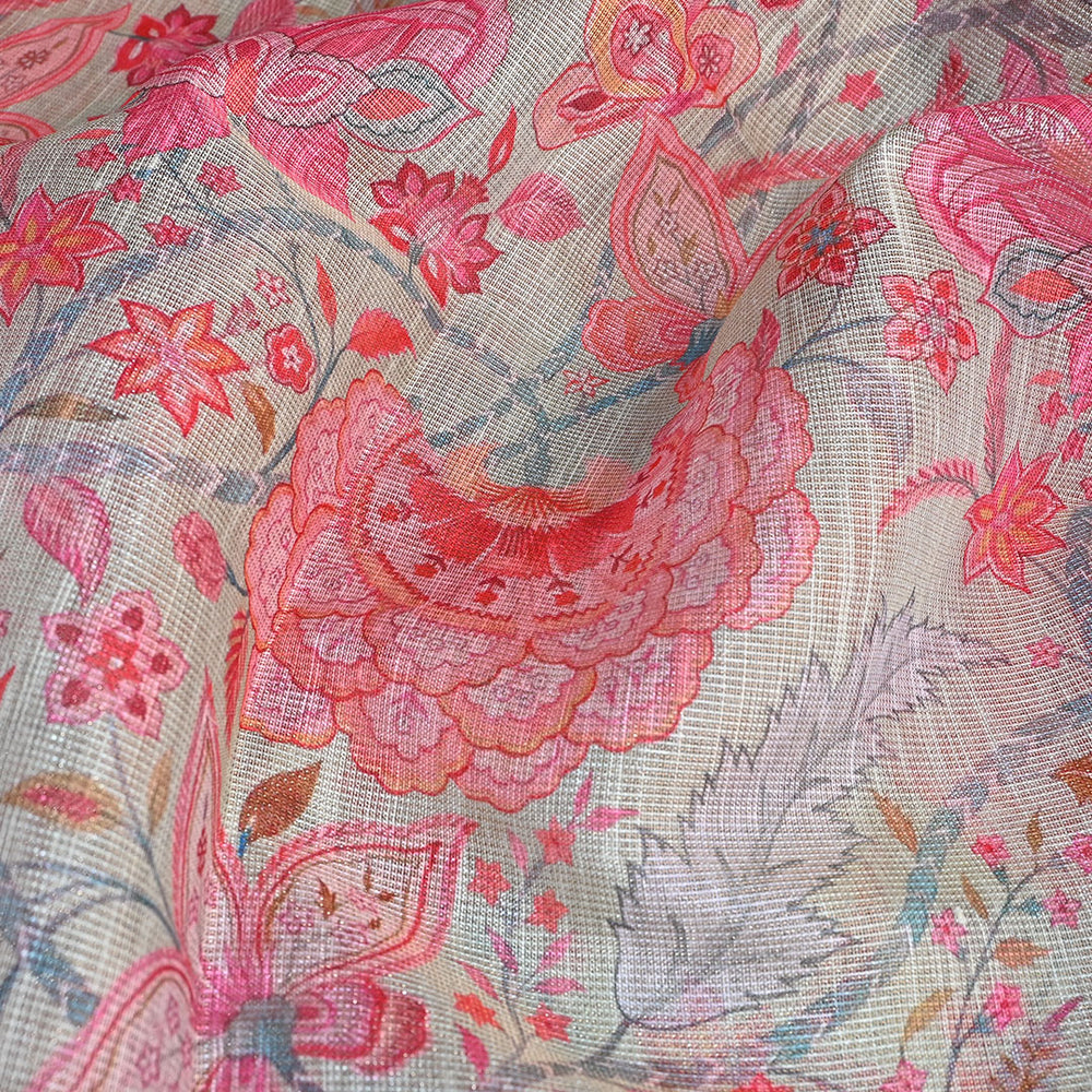 Pastel Cream Floral Printed Tissue Fabric