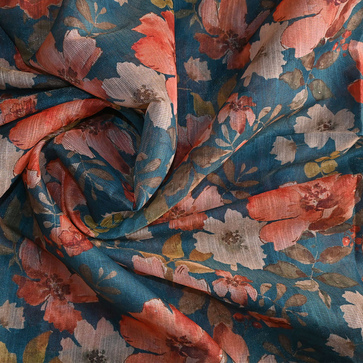 Steel Blue Floral Printed Tissue Fabric