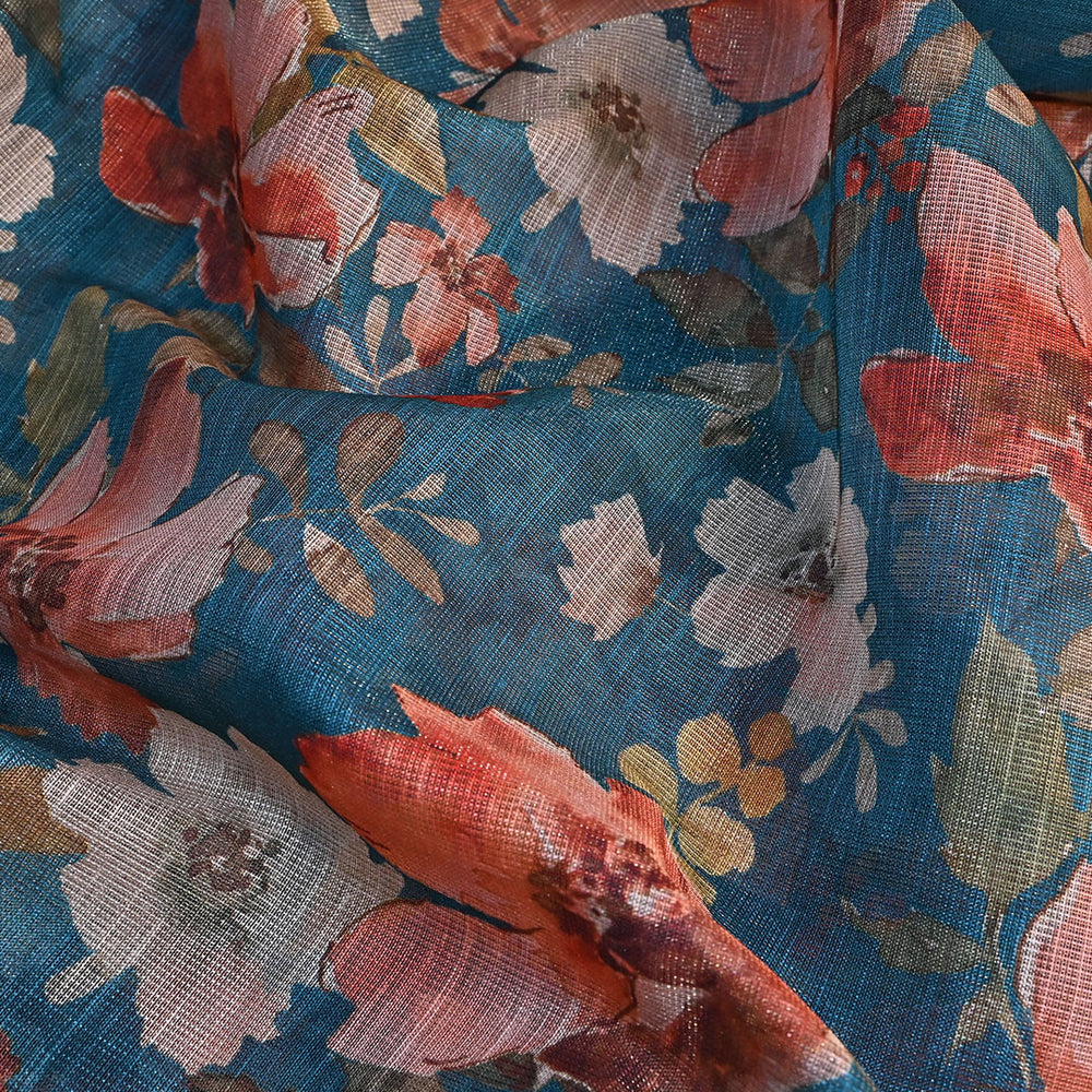 Steel Blue Floral Printed Tissue Fabric