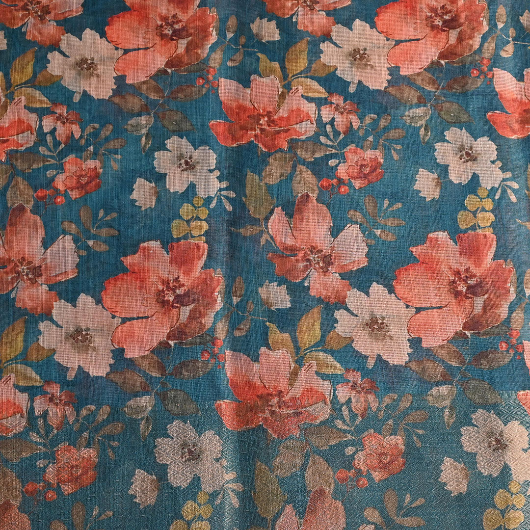 Steel Blue Floral Printed Tissue Fabric