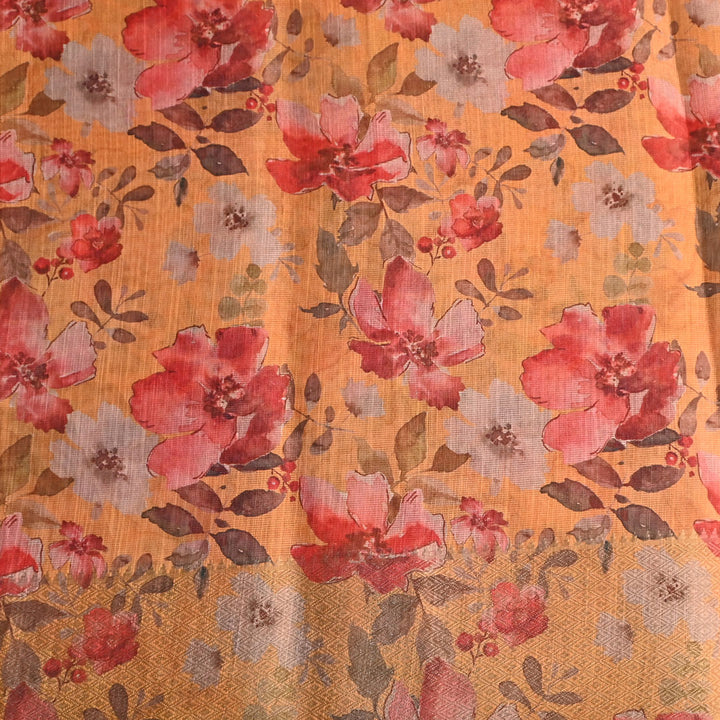 Warm Yellow Floral Printed Tissue Fabric