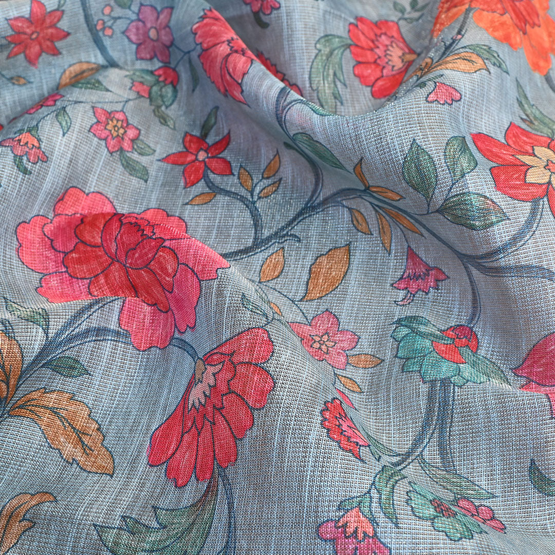 Sky Blue Floral Printed Tissue Fabric