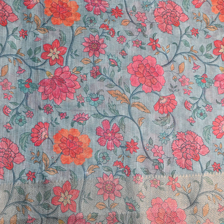 Sky Blue Floral Printed Tissue Fabric