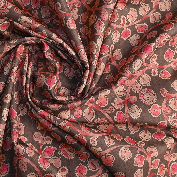 Sepia Brown Floral Printed Tussar Fabric