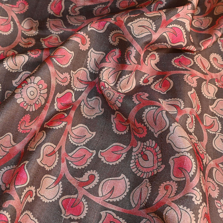 Sepia Brown Floral Printed Tussar Fabric