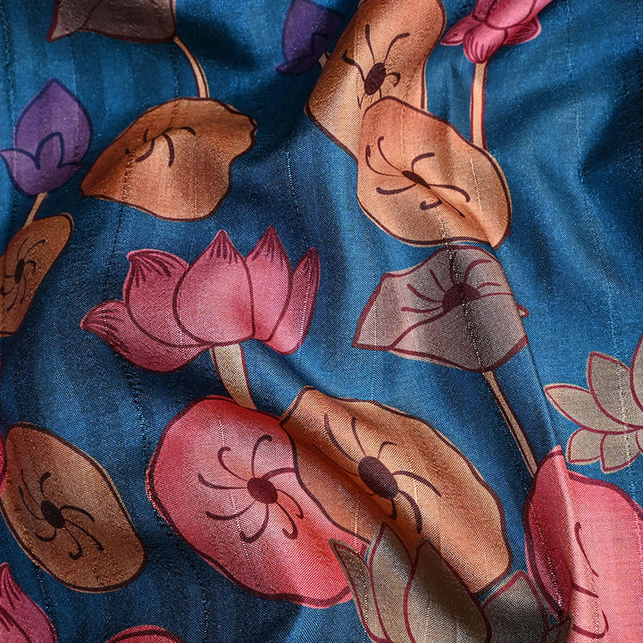 Lapis Blue Floral Printed Tussar Fabric