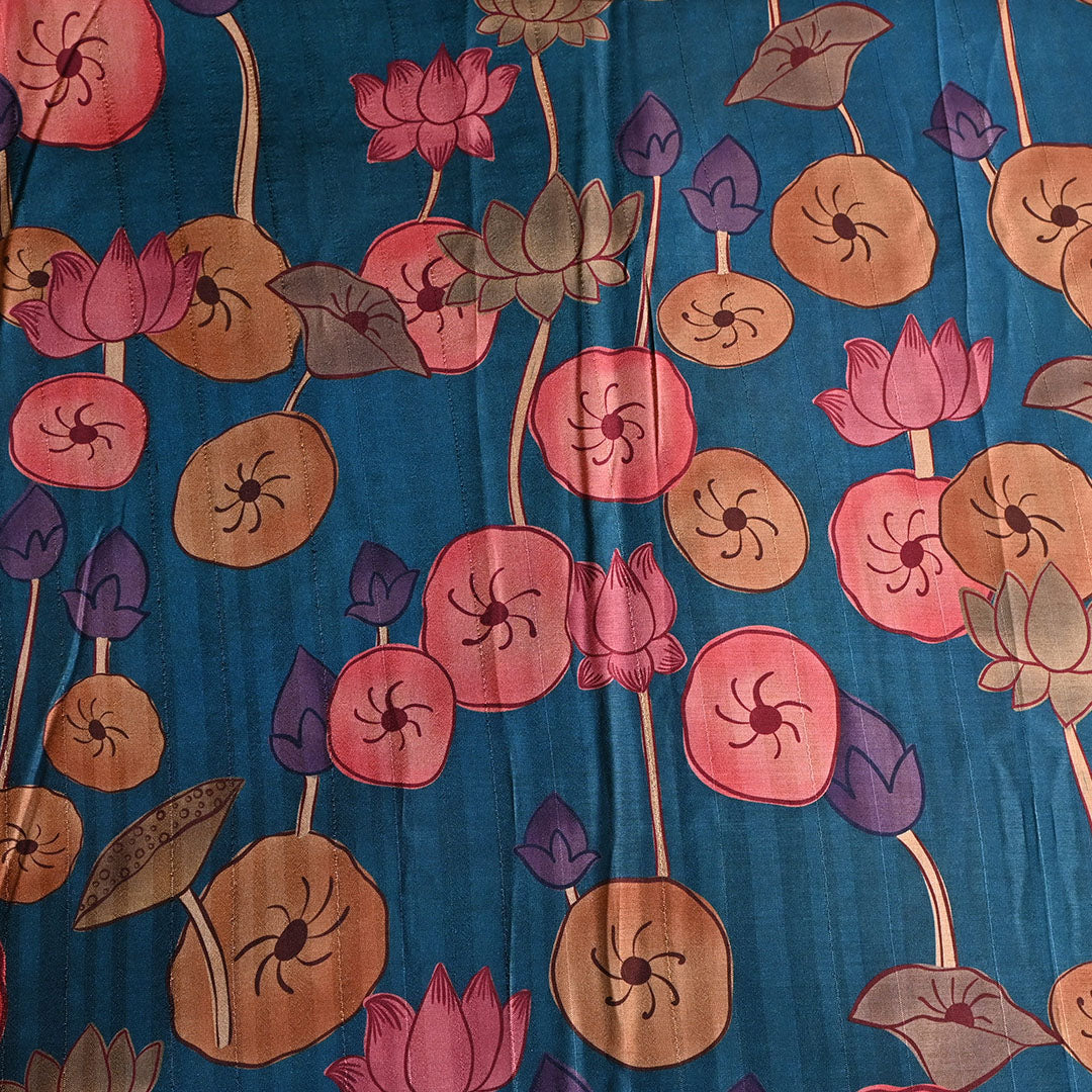 Lapis Blue Floral Printed Tussar Fabric