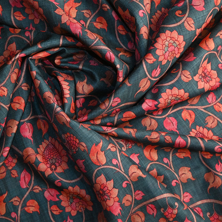 Hunter Green Floral Printed Tussar Fabric