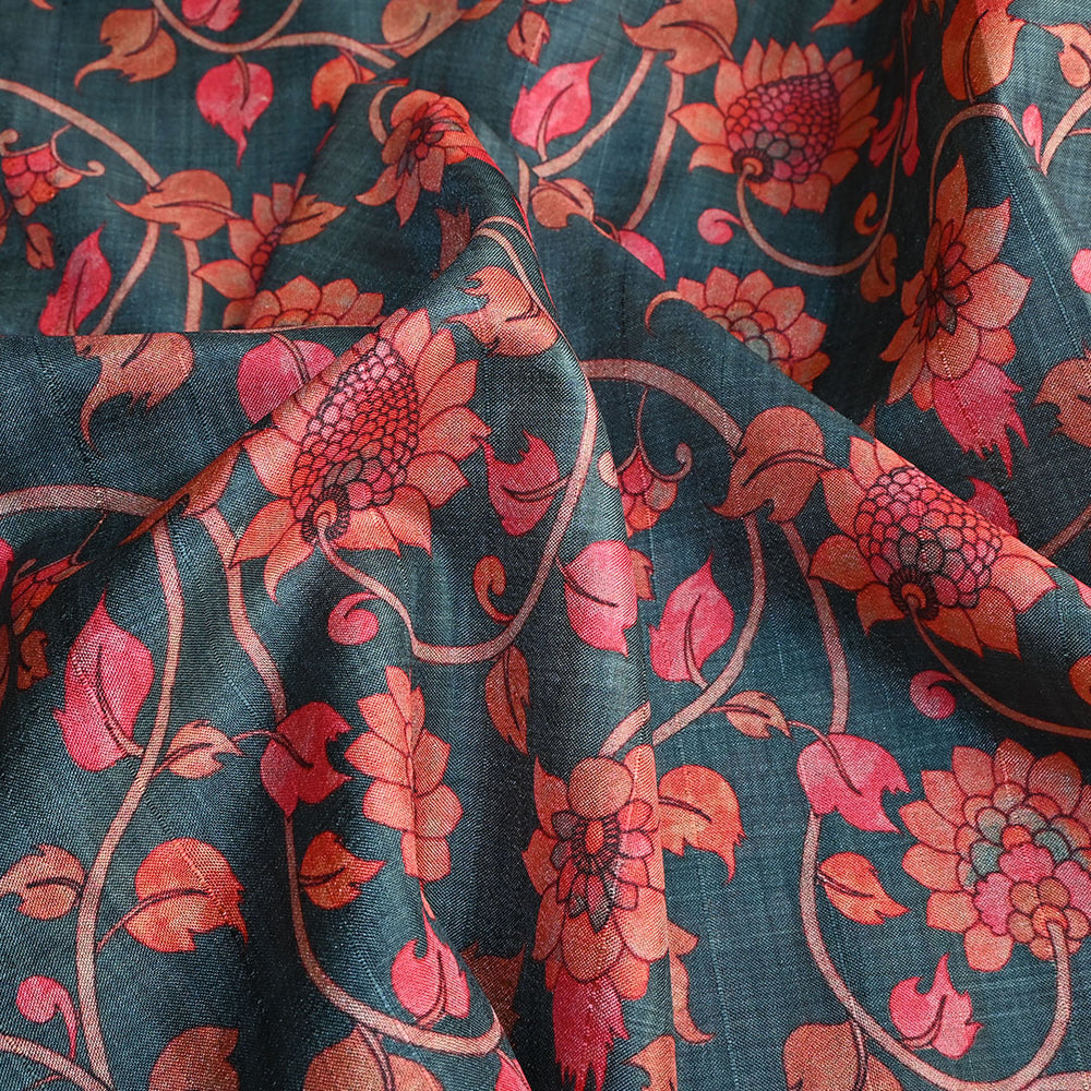 Hunter Green Floral Printed Tussar Fabric