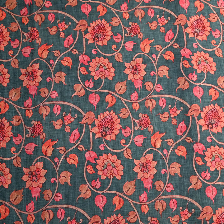 Hunter Green Floral Printed Tussar Fabric