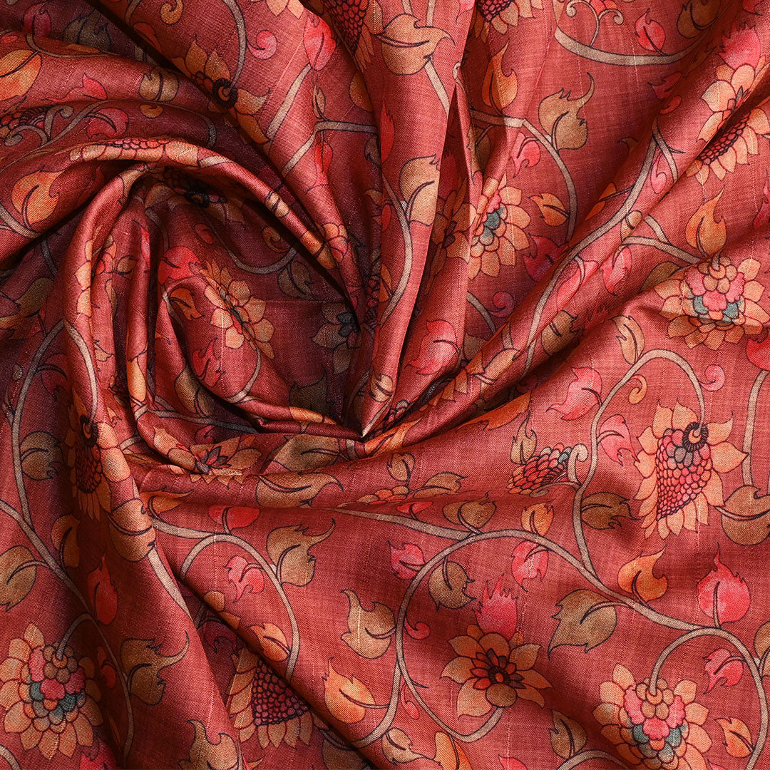 Coral Red Printed Floral Tussar Fabric