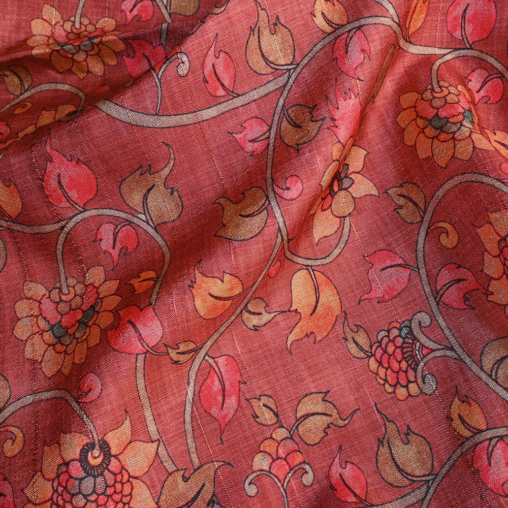 Coral Red Printed Floral Tussar Fabric