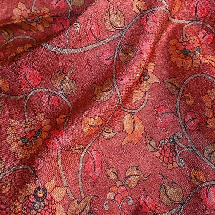 Coral Red Printed Floral Tussar Fabric