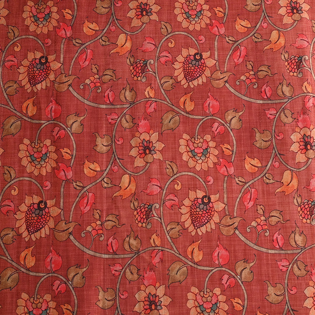 Coral Red Printed Floral Tussar Fabric