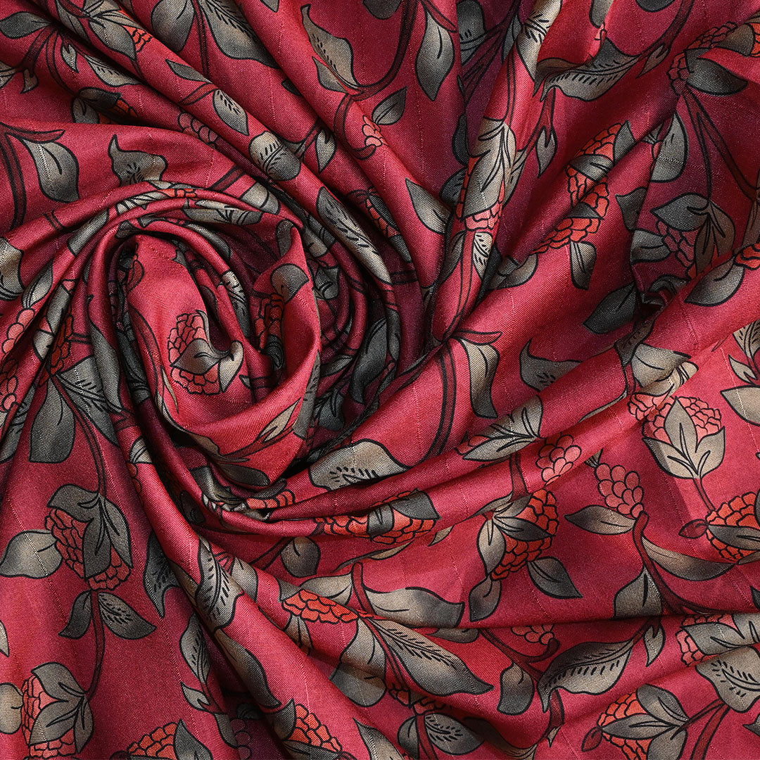 Sanguine Red Floral Printed Tussar Fabric