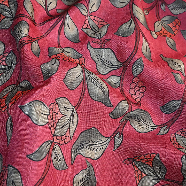 Sanguine Red Floral Printed Tussar Fabric