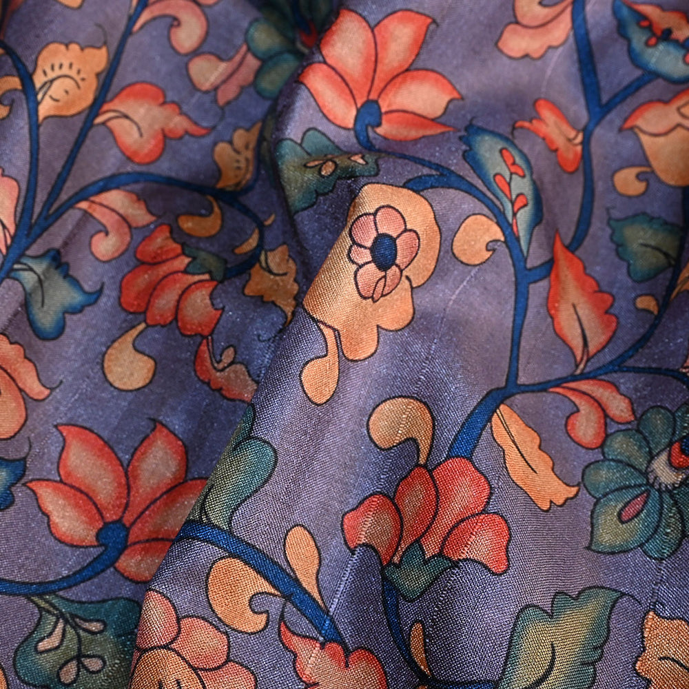 Iris Blue Floral Printed Tussar Fabric