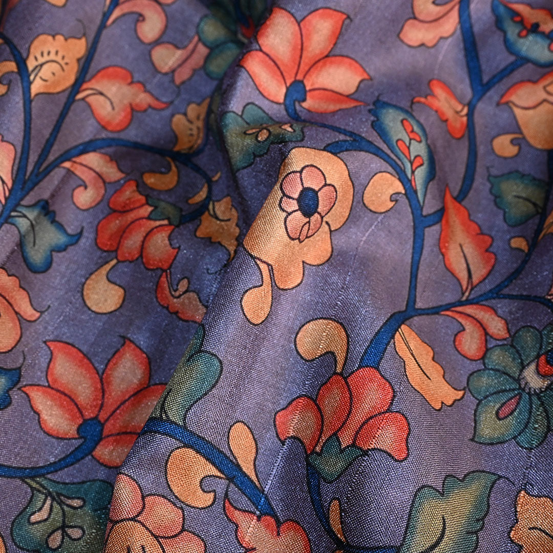 Iris Blue Floral Printed Tussar Fabric