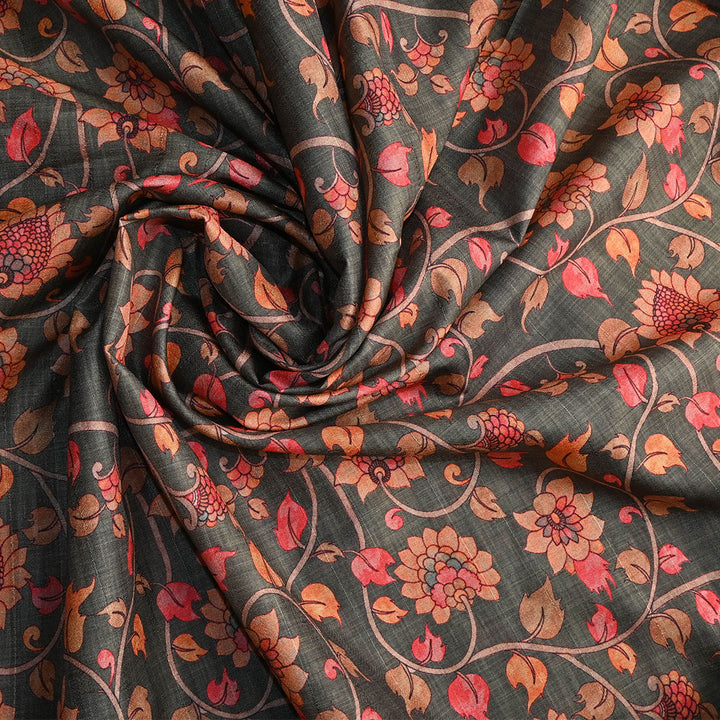 Dark Green Floral Printed Tussar Fabric