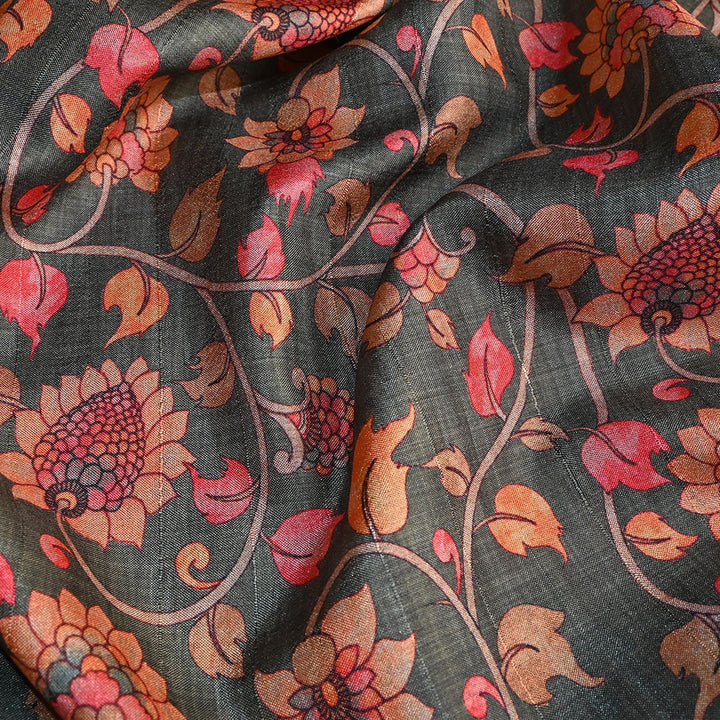 Dark Green Floral Printed Tussar Fabric