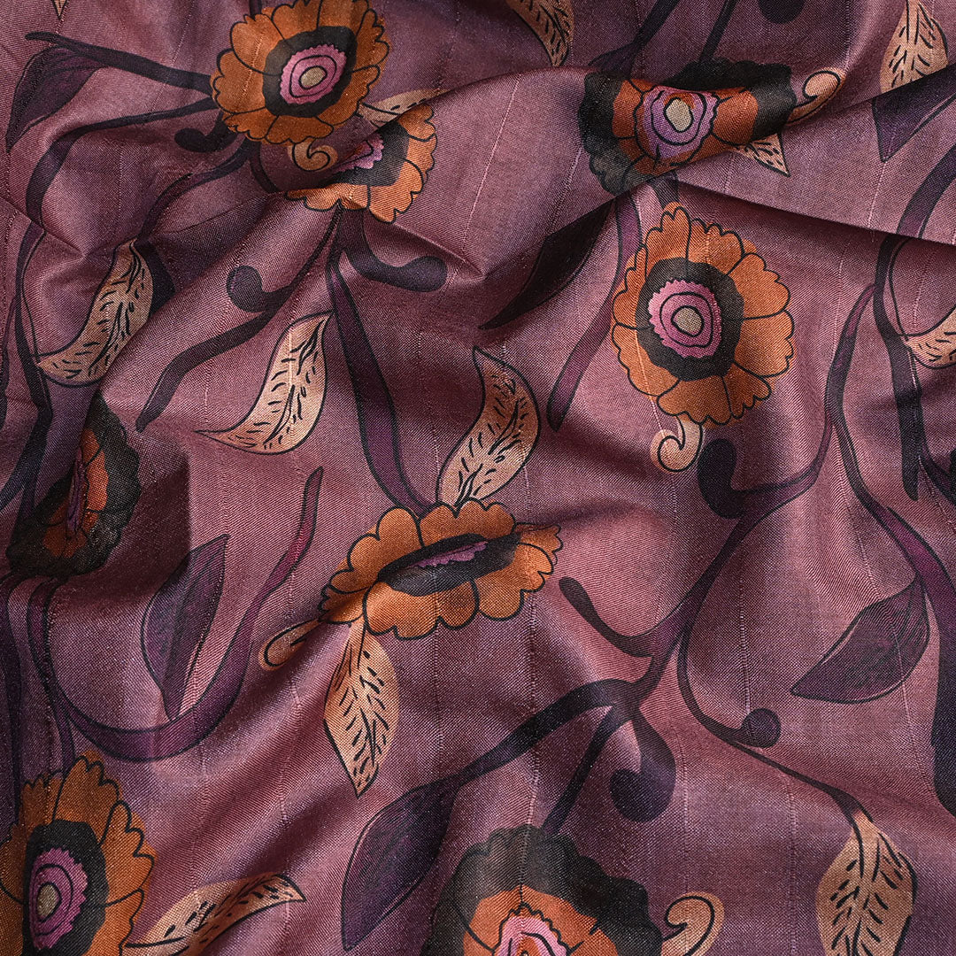 Carolina Plum Printed Floral Tussar Fabric