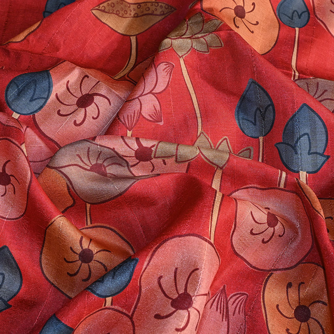 Dark Peach Floral Printed Tussar Fabric