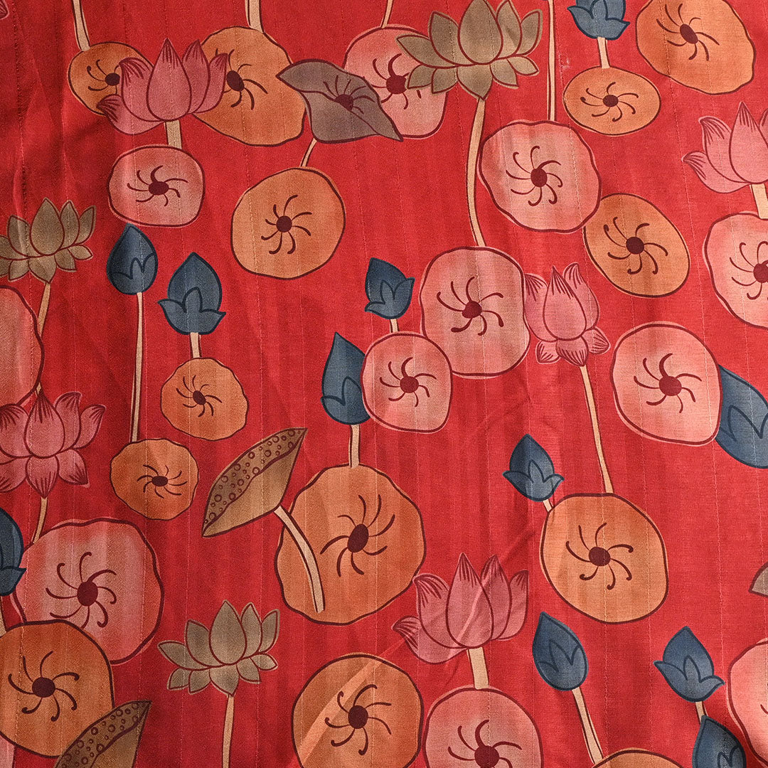 Dark Peach Floral Printed Tussar Fabric