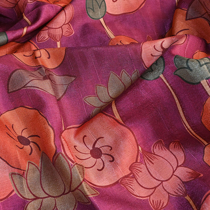 Hibiscus Red Floral Printed Tussar Fabric