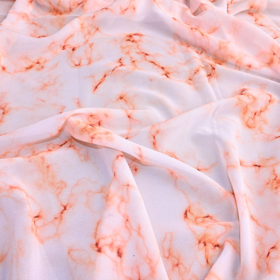 Pastel Peach White Georgette Fabric With Printed Pattern