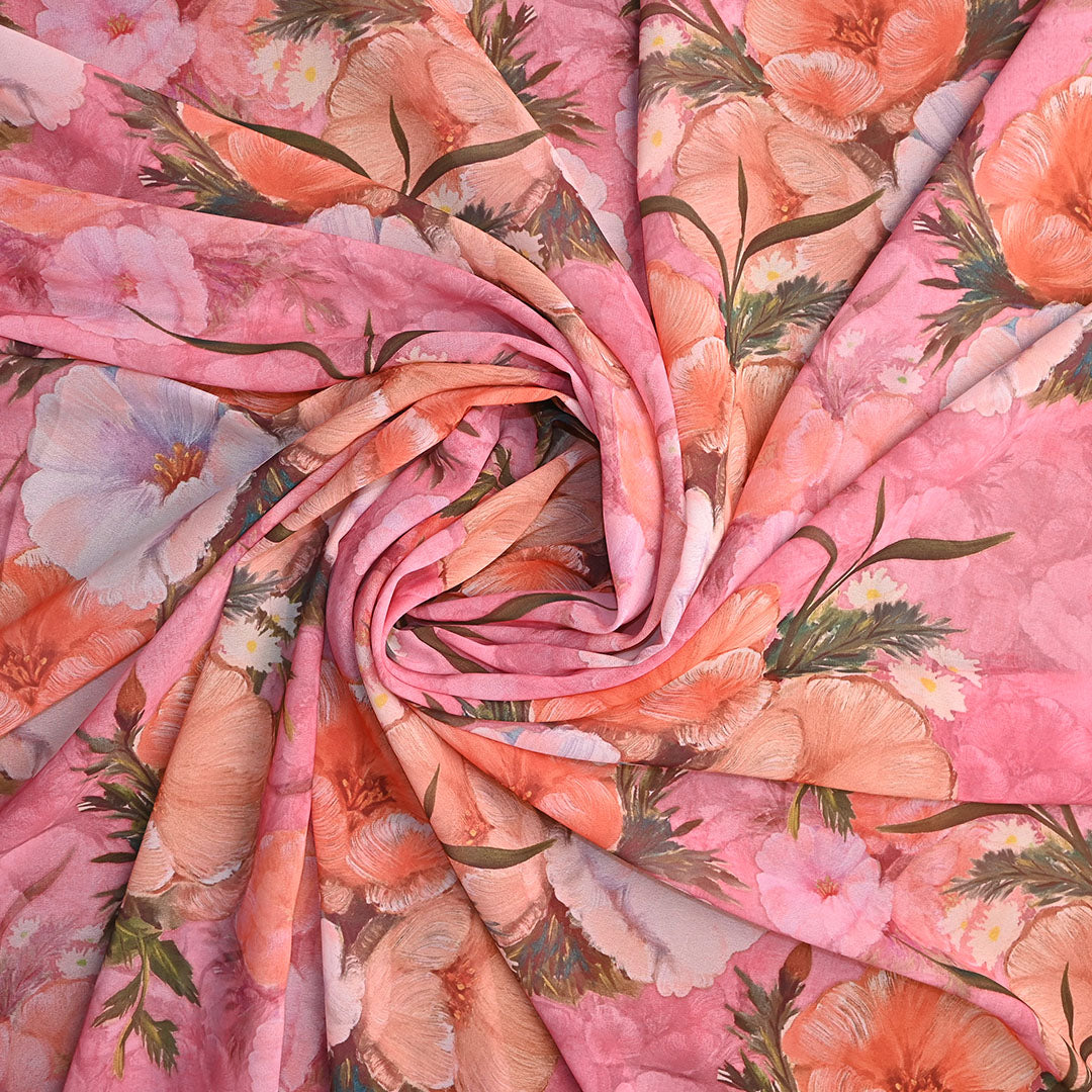 Carnation Pink Printed Floral Georgette Fabric