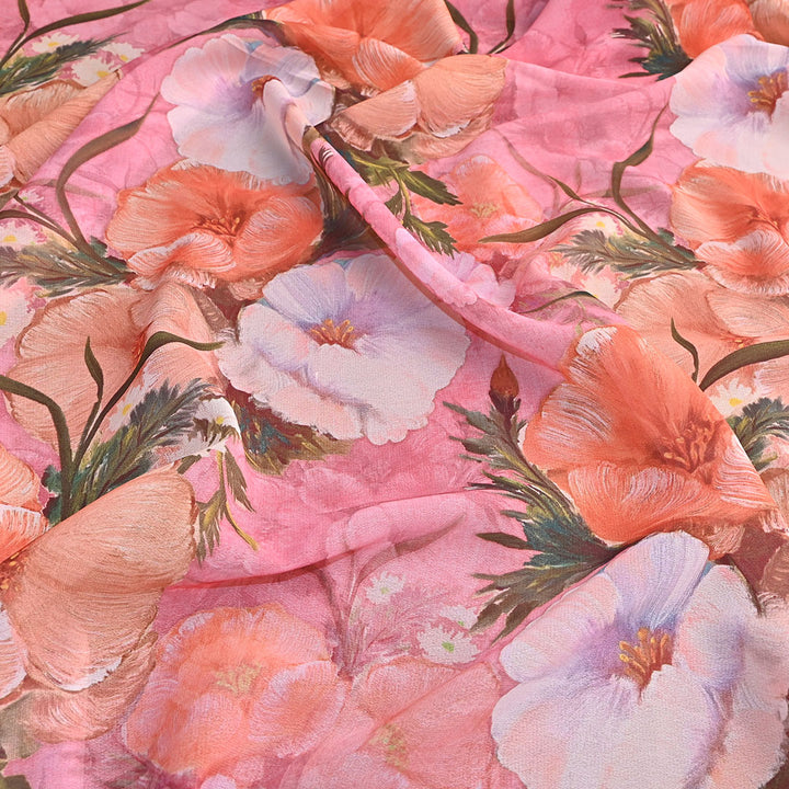 Carnation Pink Printed Floral Georgette Fabric