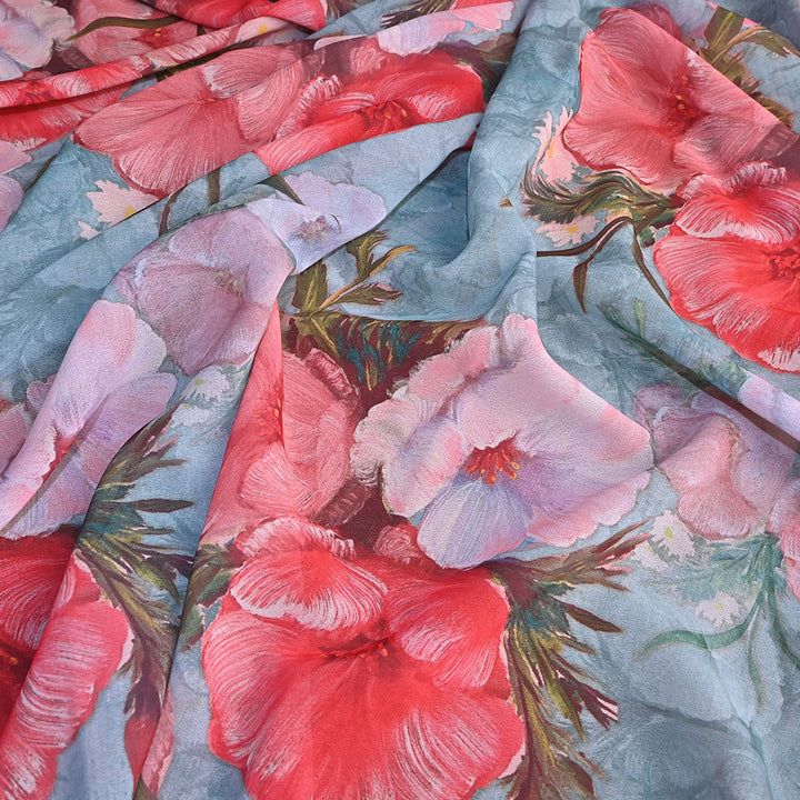 Sky Blue Floral Printed Georgette Fabric