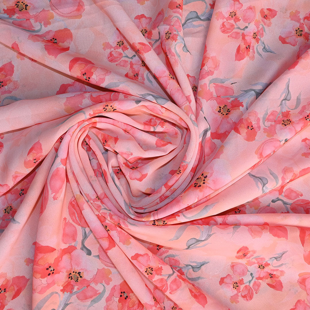 Peach Floral Printed Georgette Fabric