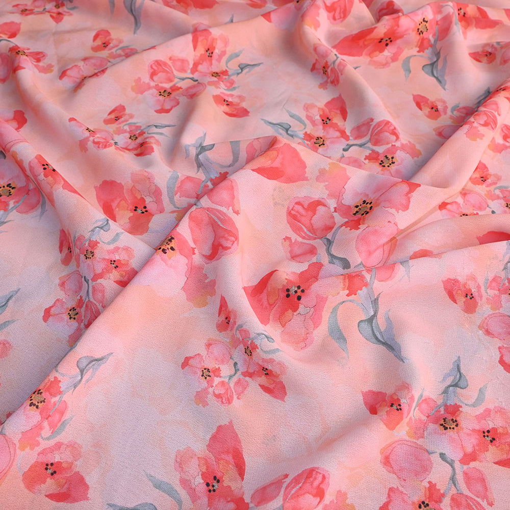 Peach Floral Printed Georgette Fabric