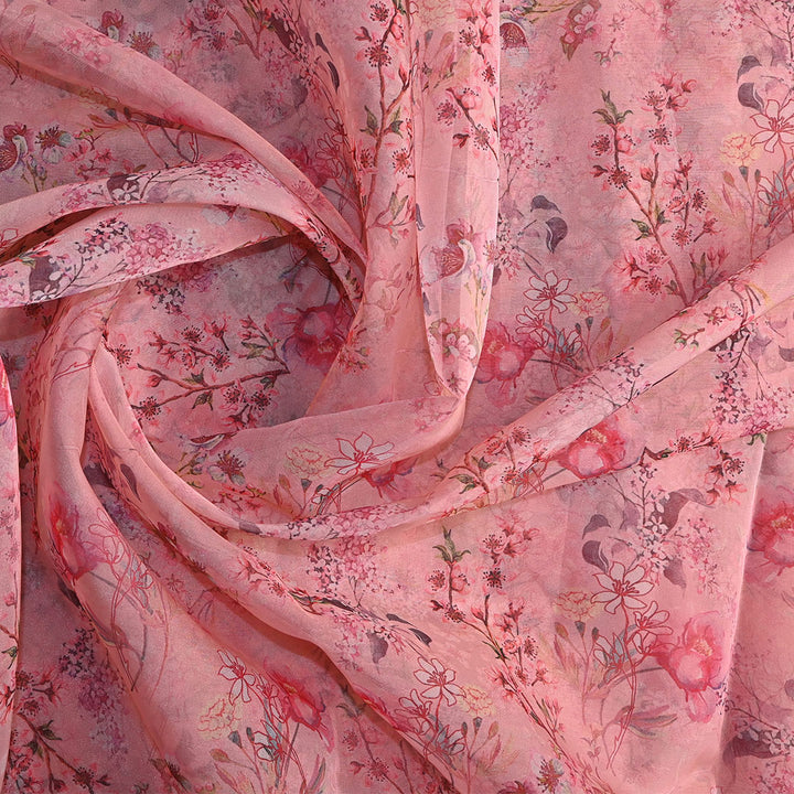 Salmon Pink Floral Printed Organza Fabric