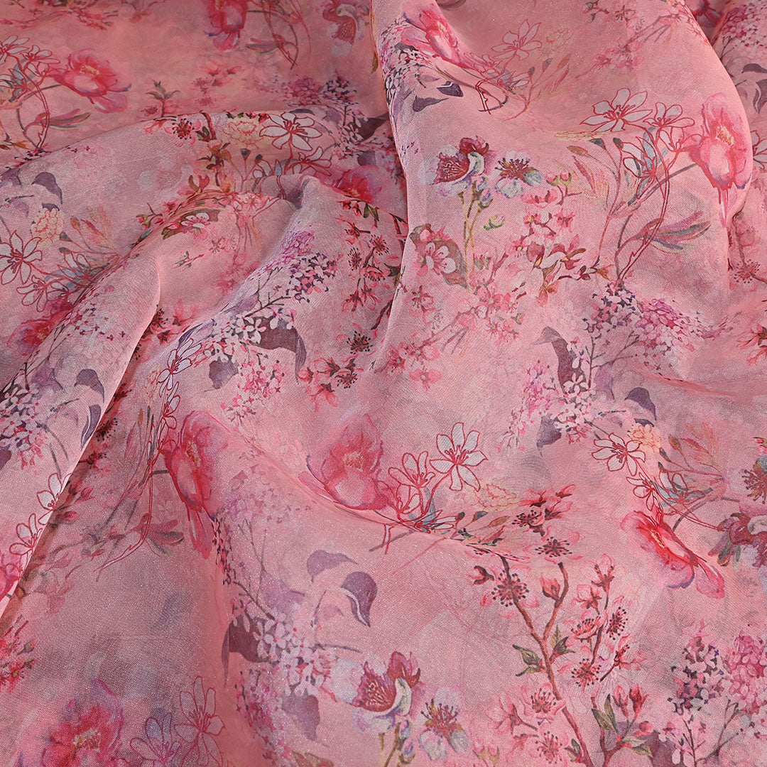 Salmon Pink Floral Printed Organza Fabric