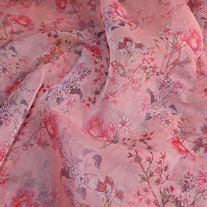 Salmon Pink Floral Printed Organza Fabric