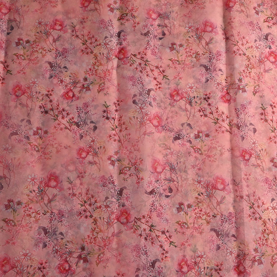 Salmon Pink Floral Printed Organza Fabric