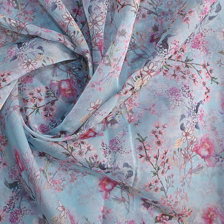 Powder Blue Floral Printed Organza Fabric