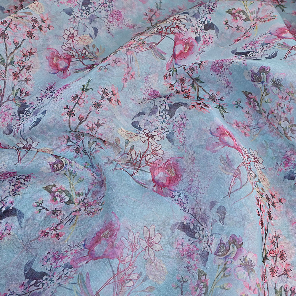 Powder Blue Floral Printed Organza Fabric