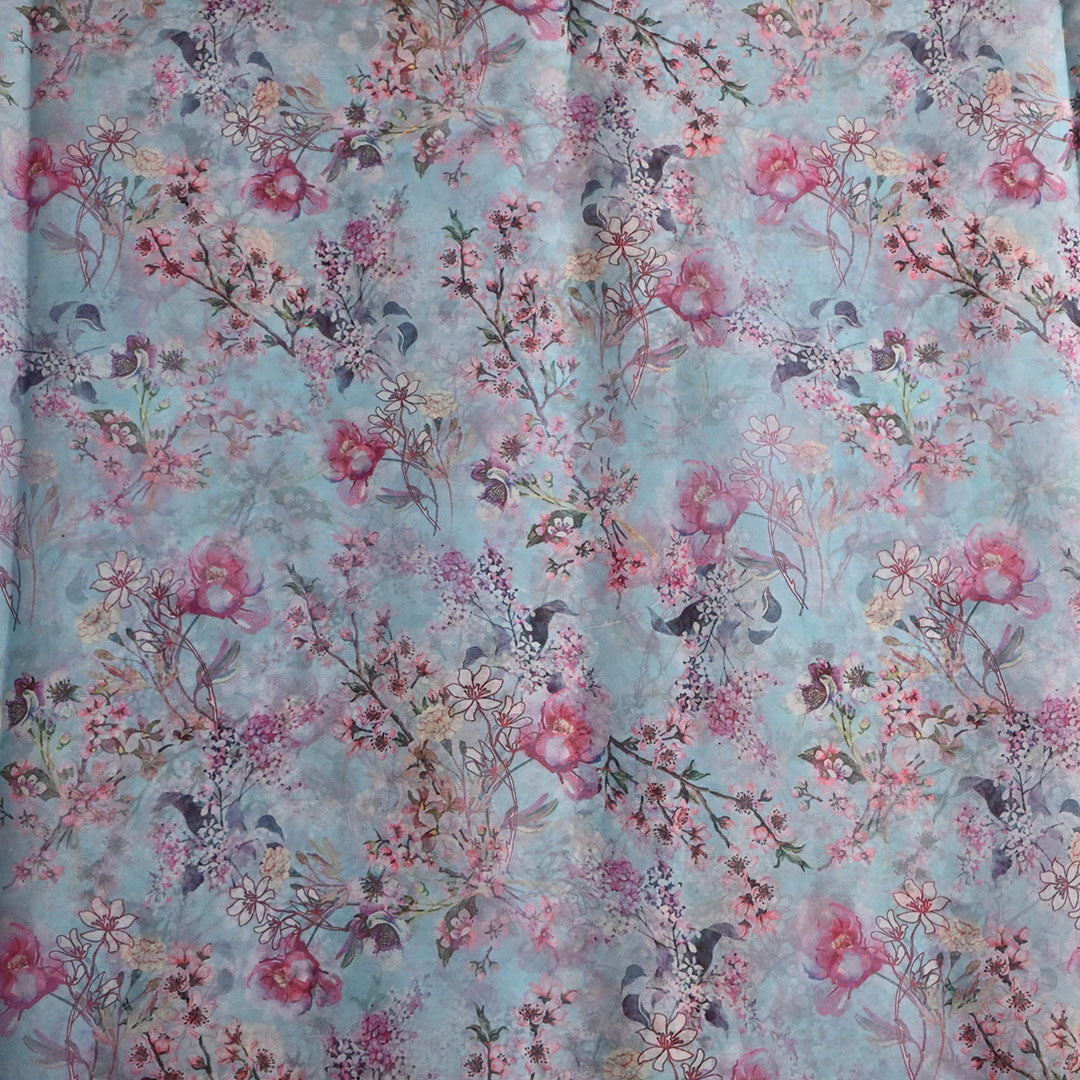 Powder Blue Floral Printed Organza Fabric