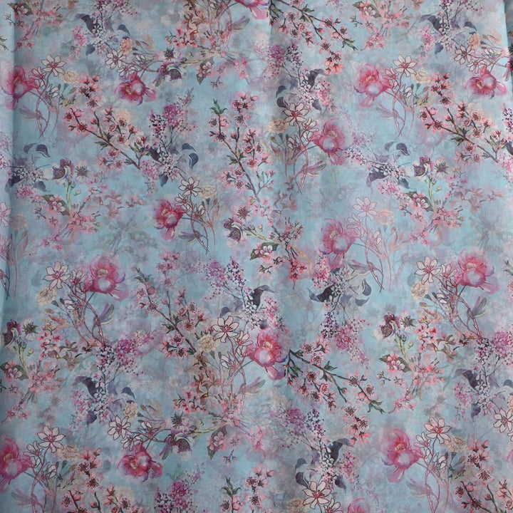 Powder Blue Floral Printed Organza Fabric