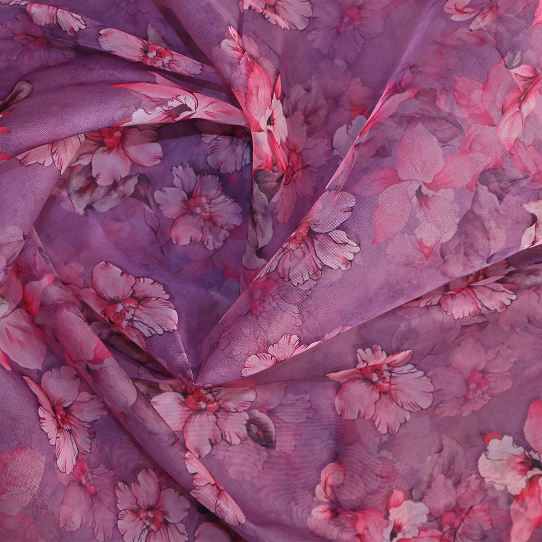 Pearly Purple Printed Floral Organza Fabric