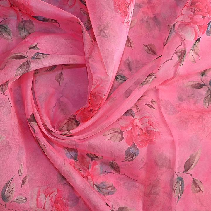 Blush Pink Floral Printed Organza Fabric